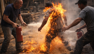 Munkav&eacute;gz&eacute;s k&ouml;zben l&aacute;ngra kapott a fűr&eacute;szpor &eacute;s egy ember ruh&aacute;zata Madarason